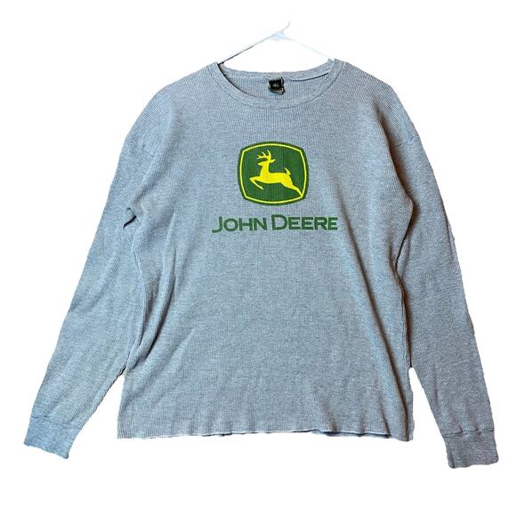 John Deere Thermal Waffle Knit Long Sleeve Shirt XL Gray Green Yellow Made USA - Picture 1 of 7
